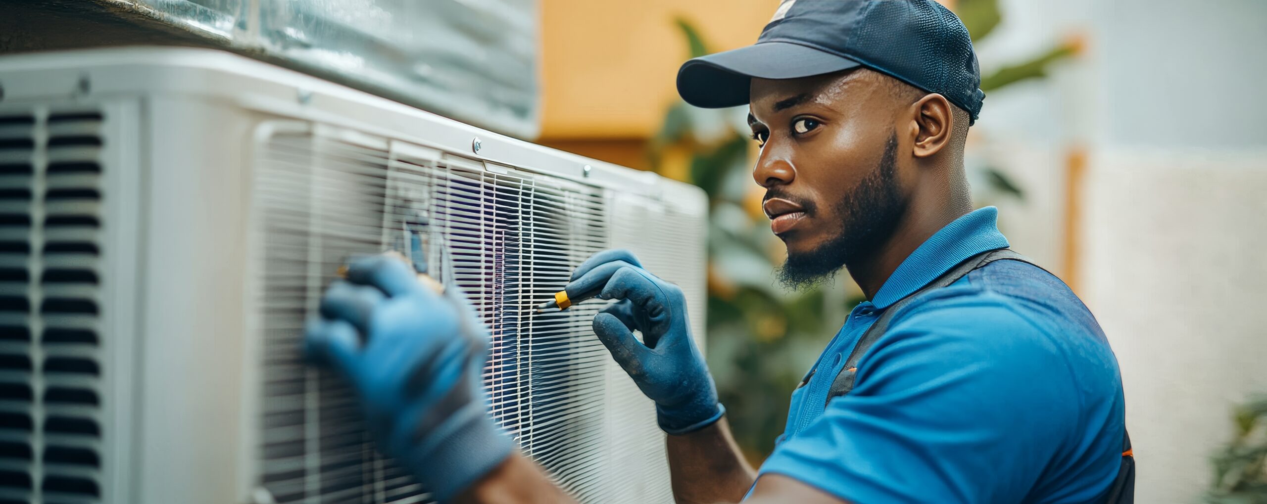 air conditioning technician blue clothes repairing ac unit scaled