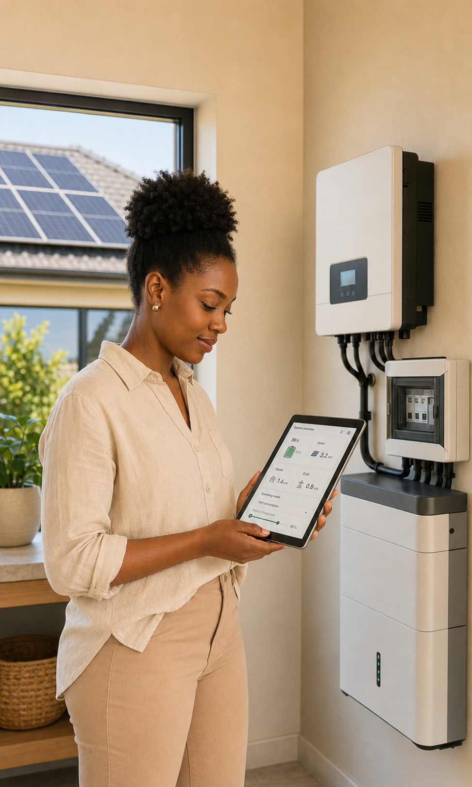 lady looking at her phone to see her solar invertor readings