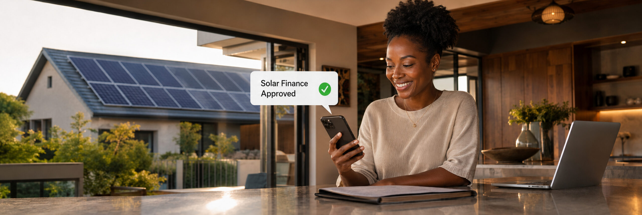Smiling woman viewing a Solar Finance Approved notification on her phone, with solar panels on a house in the background
