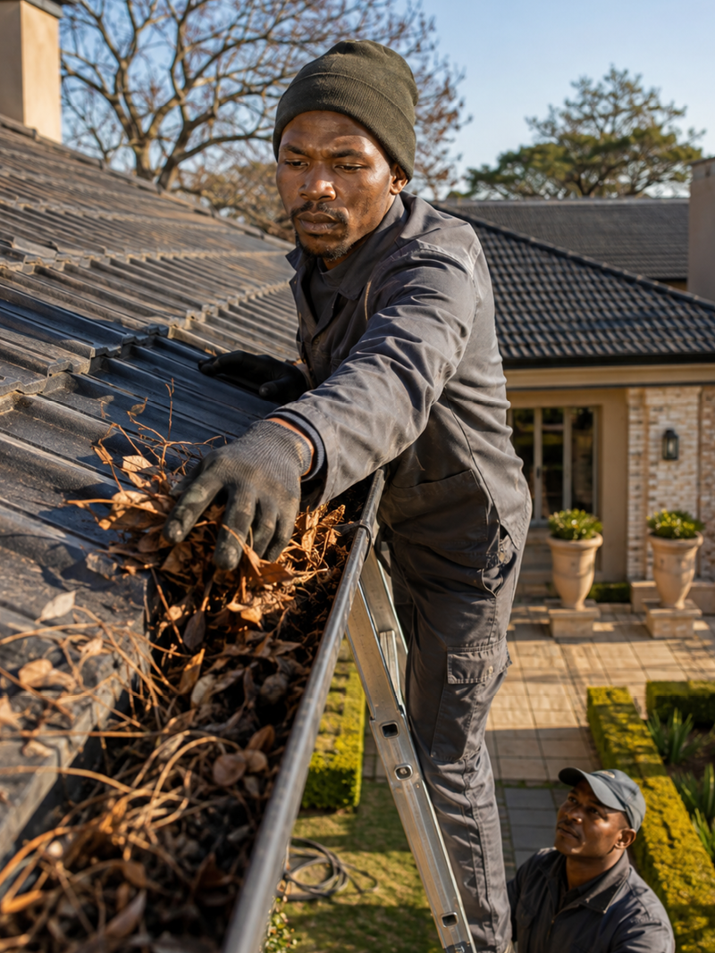 man standing on a ladder cleaning the gutter filled with leaves