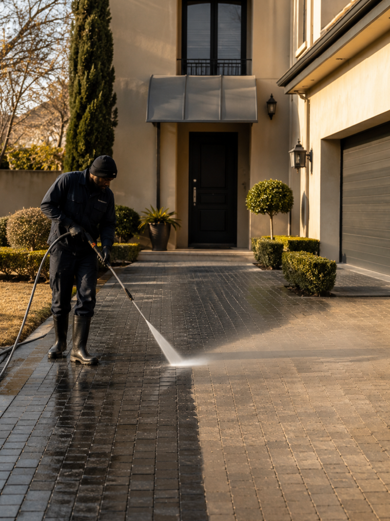 man pressure washing driveway and roofs